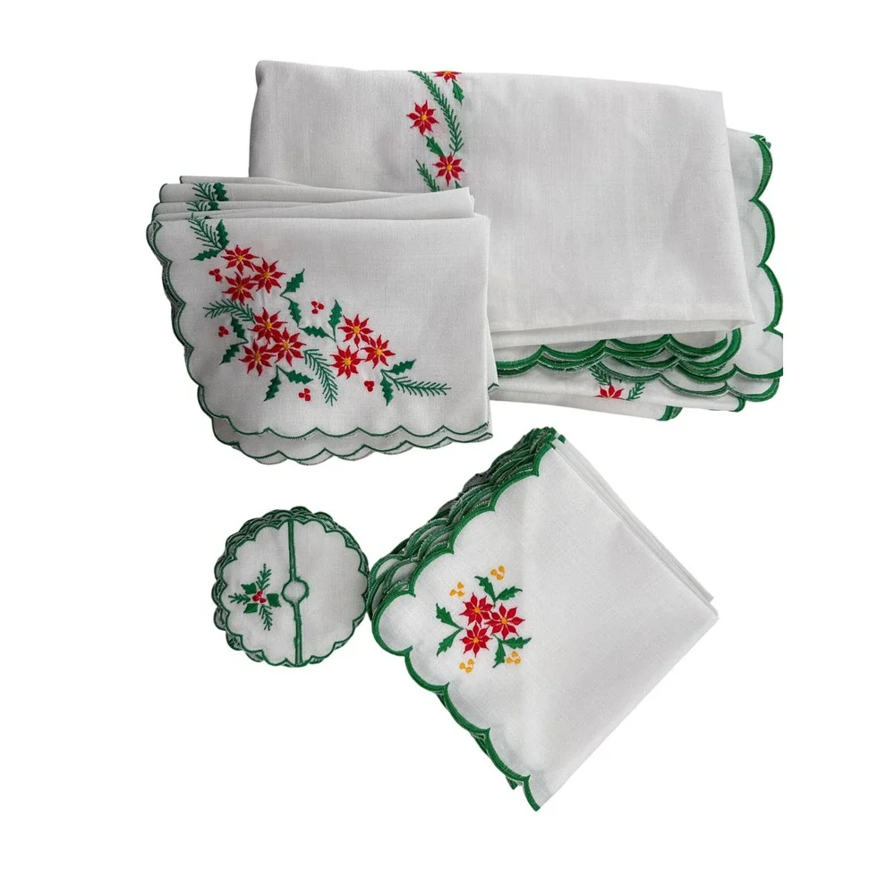 Tablecloth‎ Placemat Napkin Coaster Poinsettia Christmas Embroidered Scallop